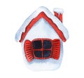 Watercolor image of cute toy house covered with snow isolated on white background. Cozy little home with red roof with