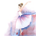 Watercolor image of dancing ballerina. Graceful beautiful woman with hair up in elegant white dress against delicate background of
