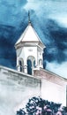 Watercolor image of elegant white tower with archway and spire against dramatic dark blue sky. Hand drawn illustration