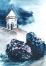 Watercolor image of elegant white tower with archway, spire and brick fence gainst dramatic dark blue sky. Hand drawn element