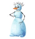 Watercolor image of female snowman with hair-sticks, arms-sticks and big carrot instead of nose. Cute winter character wearing red