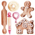 Watercolor image of gingerbread figures and men and tools for their preparation