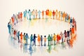 A watercolor image of a group of people standing hand in hand, forming a circle, symbolizing harmony and cooperation