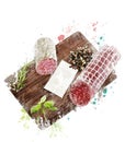 Watercolor Image Of Hard Salami,Herbs and Spices