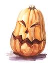 Watercolor image of jack o`lantern on white background. Hand drawn orange pumpkin of oblong shape with frightening face carved on