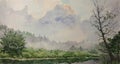 Watercolor image of landscape riverside on cloudy summer day