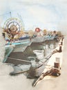 Watercolor image of a line of traditional greek fishing boats with moored in Paphos harbour in cyprus Royalty Free Stock Photo