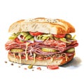 Watercolor image of Muffuletta sandwich with ham and pickles