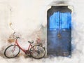 Watercolor image of an old red bike outside a greek house with whitewashed walls and a blue painted door in bright sunlight Royalty Free Stock Photo