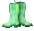Watercolor image of pair of thick-soled rubber boots. Autumn waterproof green wellingtons isolated on white background
