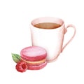 Watercolor image of pink macaroon with ripe raspberry and light pink mug filled with tea isolated on white background. Hand drawn