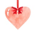 Watercolor image of single gentle pink heart hanging on red ribbon with cute bow. Symbol of love isolated on white background. Royalty Free Stock Photo