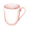 Watercolor image of soft pink single cup isolated on white background. Hand drawn illustration of cozy mug with big