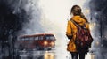 Watercolor Image of a Student Waiting for a Late School Bus in the Rain AI Generated