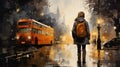 Watercolor Image of a Student Waiting for a Late School Bus in the Rain AI Generated