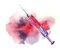 Watercolor image of syringe half filled with red liquid against colorful shapeless spreading spot on white background. Vaccine Royalty Free Stock Photo