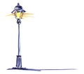 Watercolor image of tall shining street lamp on white background. Hand drawn vintage illustration of classical street light