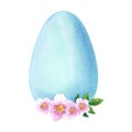 Watercolor image of tender blue Easter egg with beautiful twig of blooming rosehip isolated on white background. Hand drawn