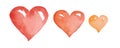 Watercolor image with three hearts of different shades of red color. Even row of colorful hearts isolated on white background.