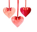Watercolor image of three red hearts hanging on bright ribbons with cute bows. Decoration for St. ValentineÃ¢â¬â¢s day or wedding. Royalty Free Stock Photo