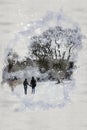 Watercolor image of two people hand in hand walking in winter landscape with naked trees and snow flakes.