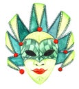 Watercolor image of Venetian ornate mask of green shades with mysterious smile on bright red lips. Hand drawn disguise