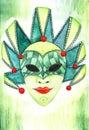 Watercolor image of Venetian ornate mask of green shades with mysterious smile on bright red lips. Traditional