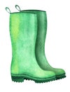 Watercolor image of wellingtons isolated on white background. Pair of green rubber boots with ribbed sole. Hand drawn