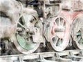 Watercolor image of the wheels of an steam locomotive on tracks with rust fading green and red paint and missing parts