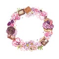 Watercolor image of a wreath of sweets, candies in the shape of hearts, chocolates, cakes and envelope, Valentine`s Day