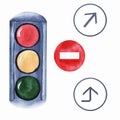 Watercolor images on the theme of Car travel. Cars, road signs, camera, traffic lights