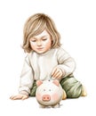 Watercolor imaginary character cartoon boy in clothes sits and puts coin in piggy bank Royalty Free Stock Photo