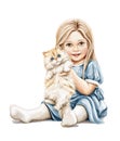 Watercolor imaginary characters cartoon small girl with blond hair in dress sits and holding cat Royalty Free Stock Photo