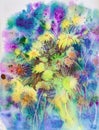 Watercolor, impressionism, yellow flowers on a blue background, dandelions