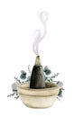 Watercolor incense burner cone aromatherapy illustration. Aroma pyramid stick with smoke eucalyptus isolated on white