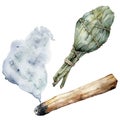 Watercolor incense set of palo santo and sage. Hand painted exotic bouquet of plant isolated on white background. Floral Royalty Free Stock Photo