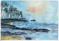 Watercolor. Indian ocean beach at Koggala Sri Lanka