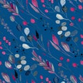 Watercolor indigo and crimson abstract plants seamless pattern