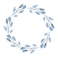 Watercolor indigo floral wreath with twig, branch and abstract leaves