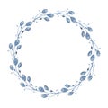 Watercolor indigo floral wreath with twig, branch and abstract leaves