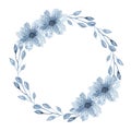 Watercolor indigo floral wreath with twig, flowers, branch and abstract leaves