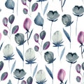 Watercolor indigo flowers seamless pattern on a white background