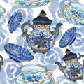 Watercolor indigo navy blue tea party teapot teacup dish and botanical blossom seamless pattern