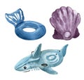 Watercolor inflatable rings in shape of sea animals