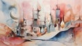 Surreal Cityscape: Abstract Watercolor Painting With Ethereal Futuristic Shapes