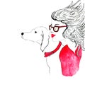 Watercolor and ink drawn portrait of woman in red and her pet dog