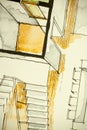 Watercolor ink freehand sketch drawing of partial house floor plan as aquarelle painting showing stairs climbing