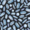 Watercolor and ink hand painted blue gems and crystals seamless pattern on the gray starry background Royalty Free Stock Photo