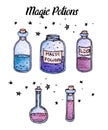 Watercolor and ink hand painted potions and witchy bottles