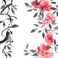 Watercolor and ink illustration of blossom sakura tree with flowers and buds. Oriental traditional painting in style sumi-e, u-sin Royalty Free Stock Photo